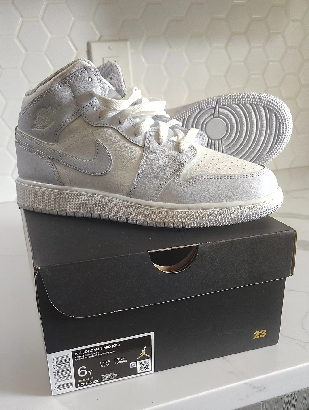 Nike Kids White and Lt Blue Air Jordan 1 Mid Sneakers